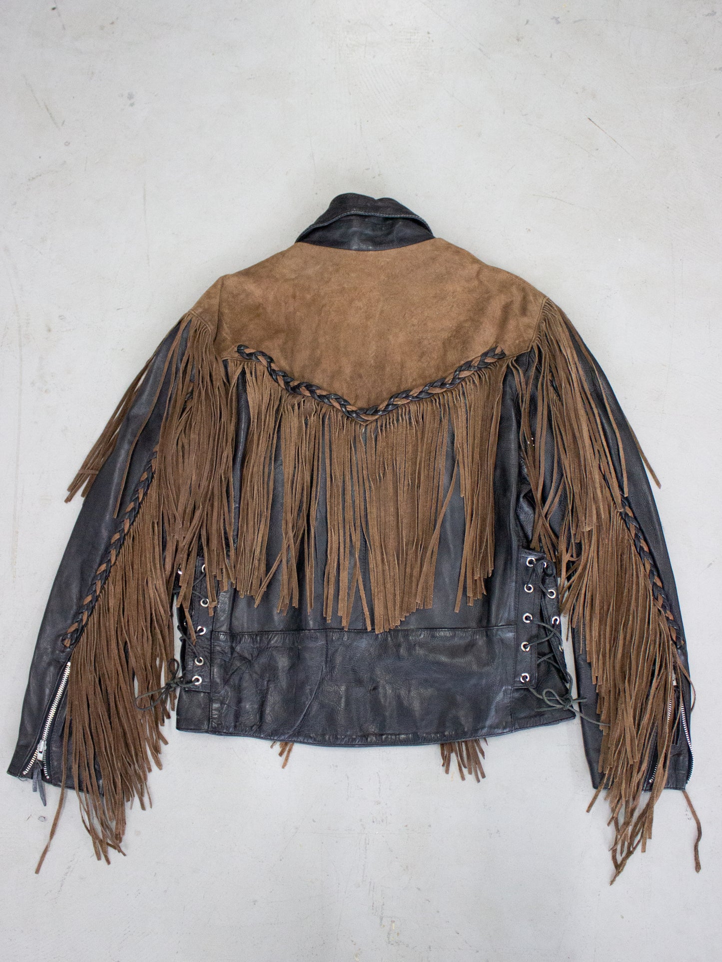 1990's Screaming Eagle Fringe Two Toned Leather Motorcycle Jacket (Medium-Large)