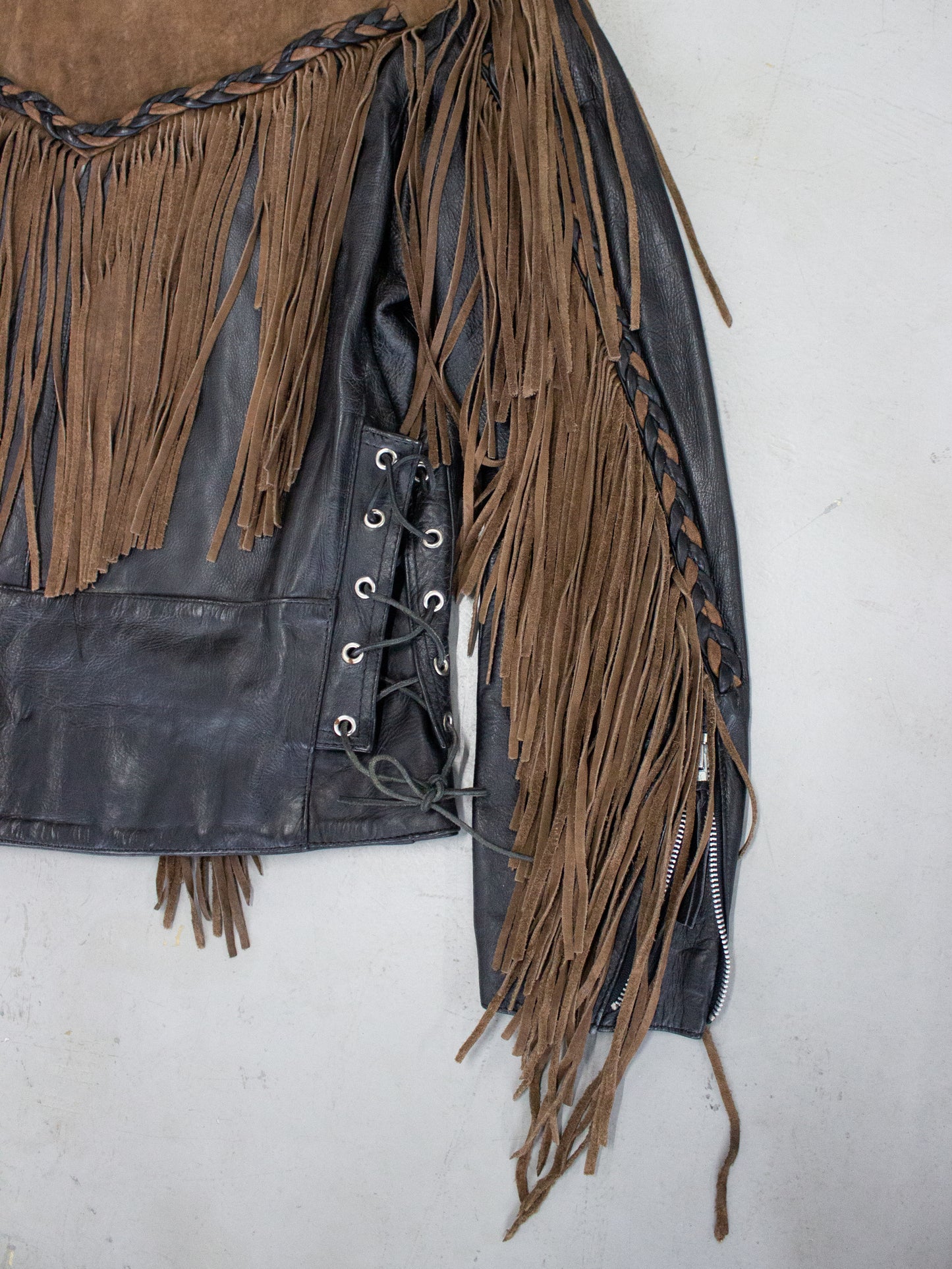 1990's Screaming Eagle Fringe Two Toned Leather Motorcycle Jacket (Medium-Large)