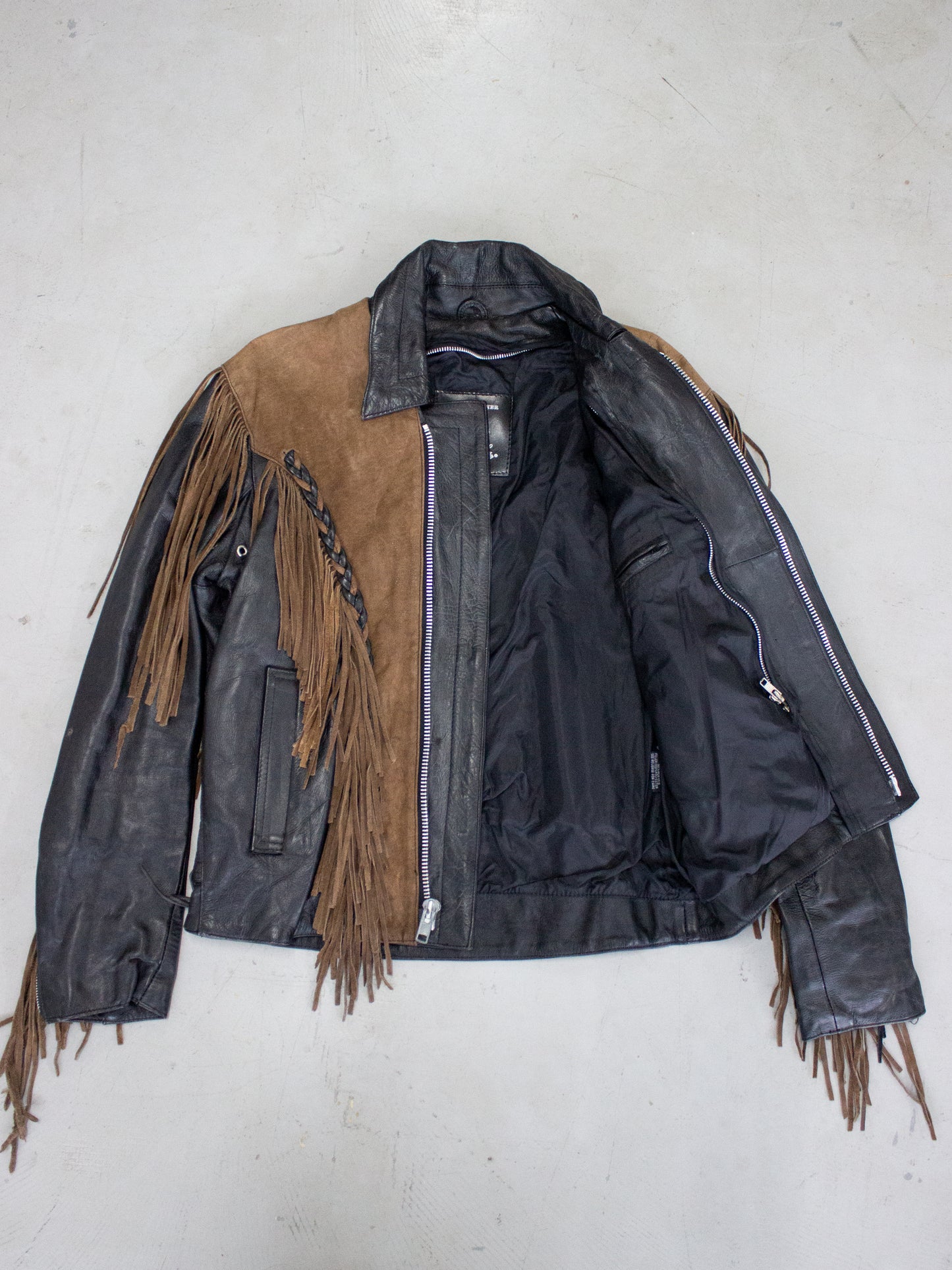 1990's Screaming Eagle Fringe Two Toned Leather Motorcycle Jacket (Medium-Large)
