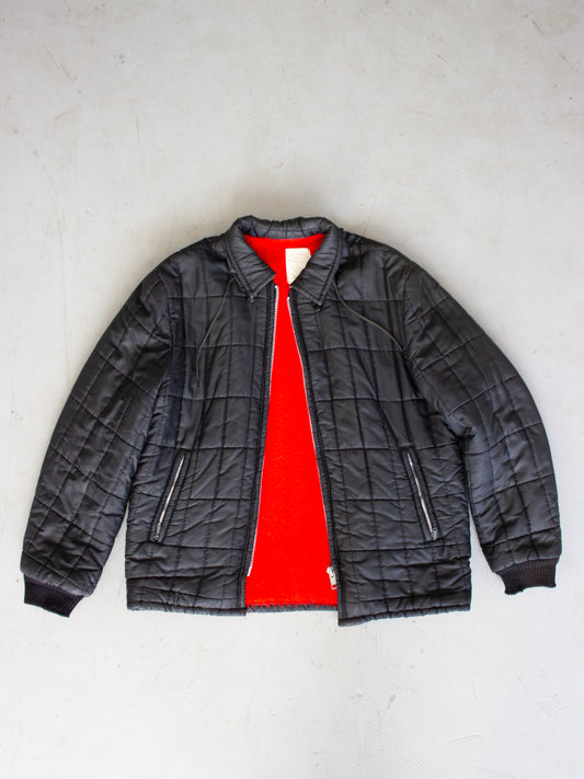 Vintage Black Quilted Zip Up Jacket with Red Fleece Lining Made in Canada (Medium-Large)
