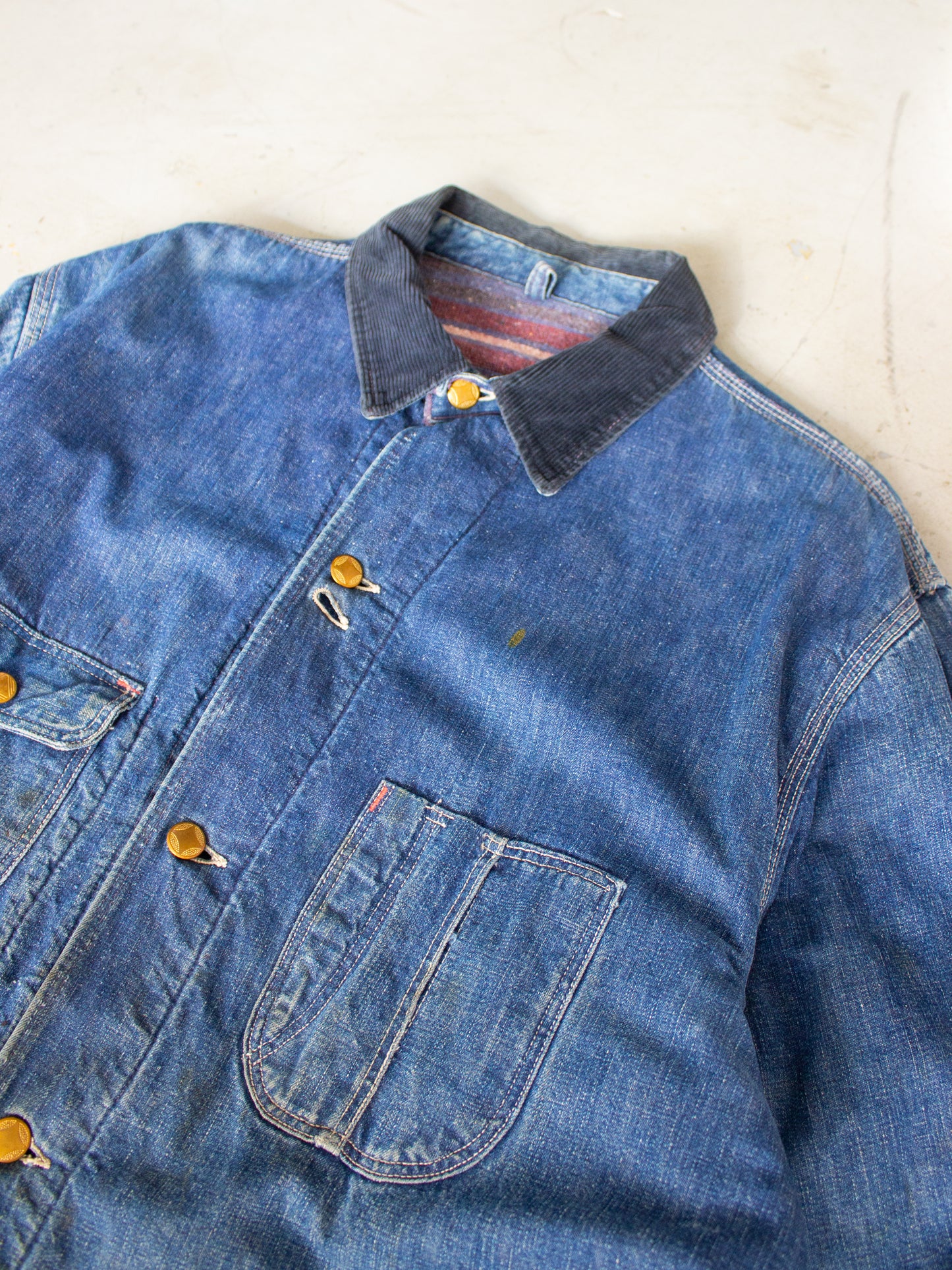 Vintage Blanket Lined Chore Denim Jacket with Striped Wool Lining Medium Large