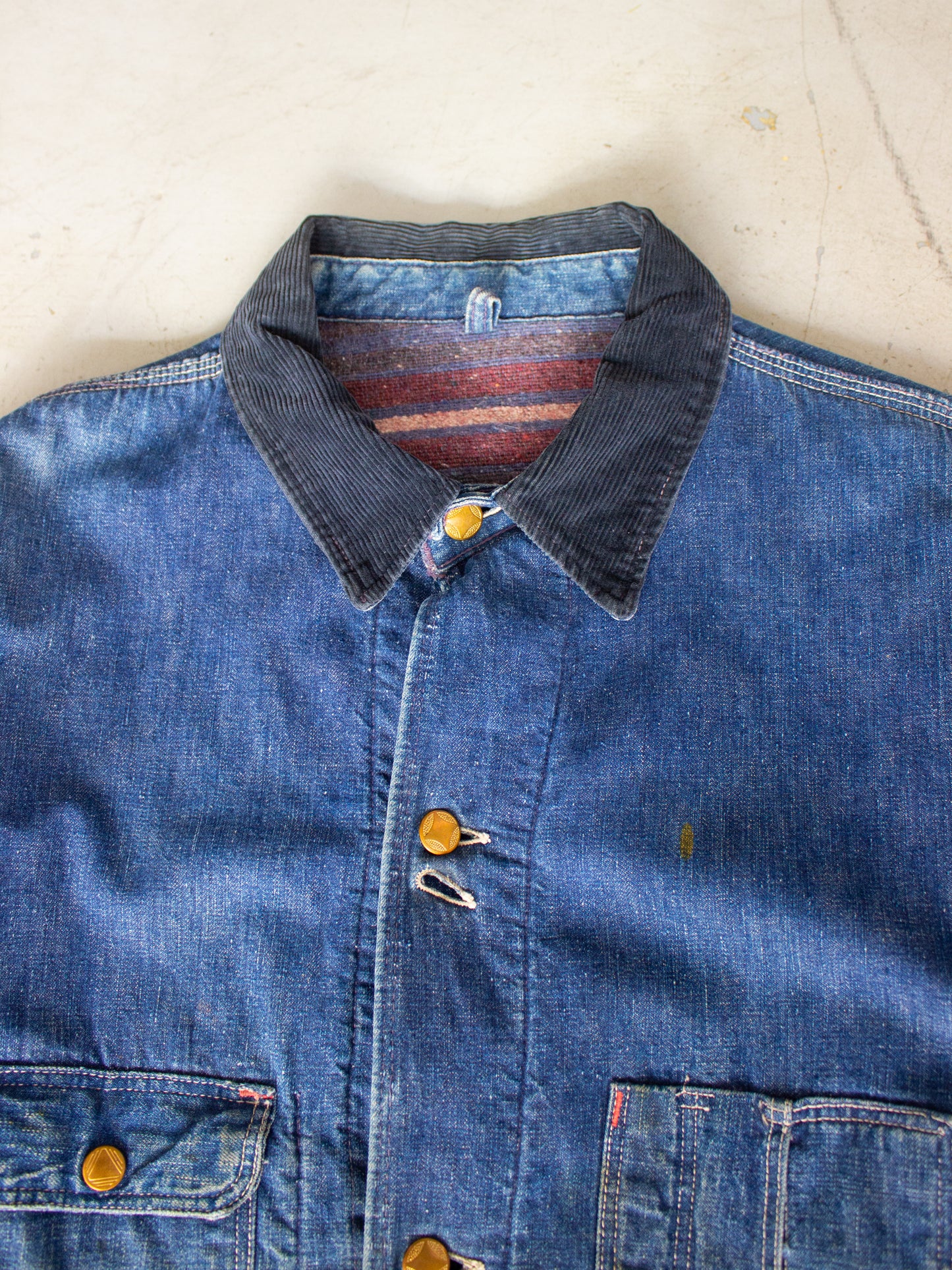Vintage Blanket Lined Chore Denim Jacket with Striped Wool Lining Medium Large