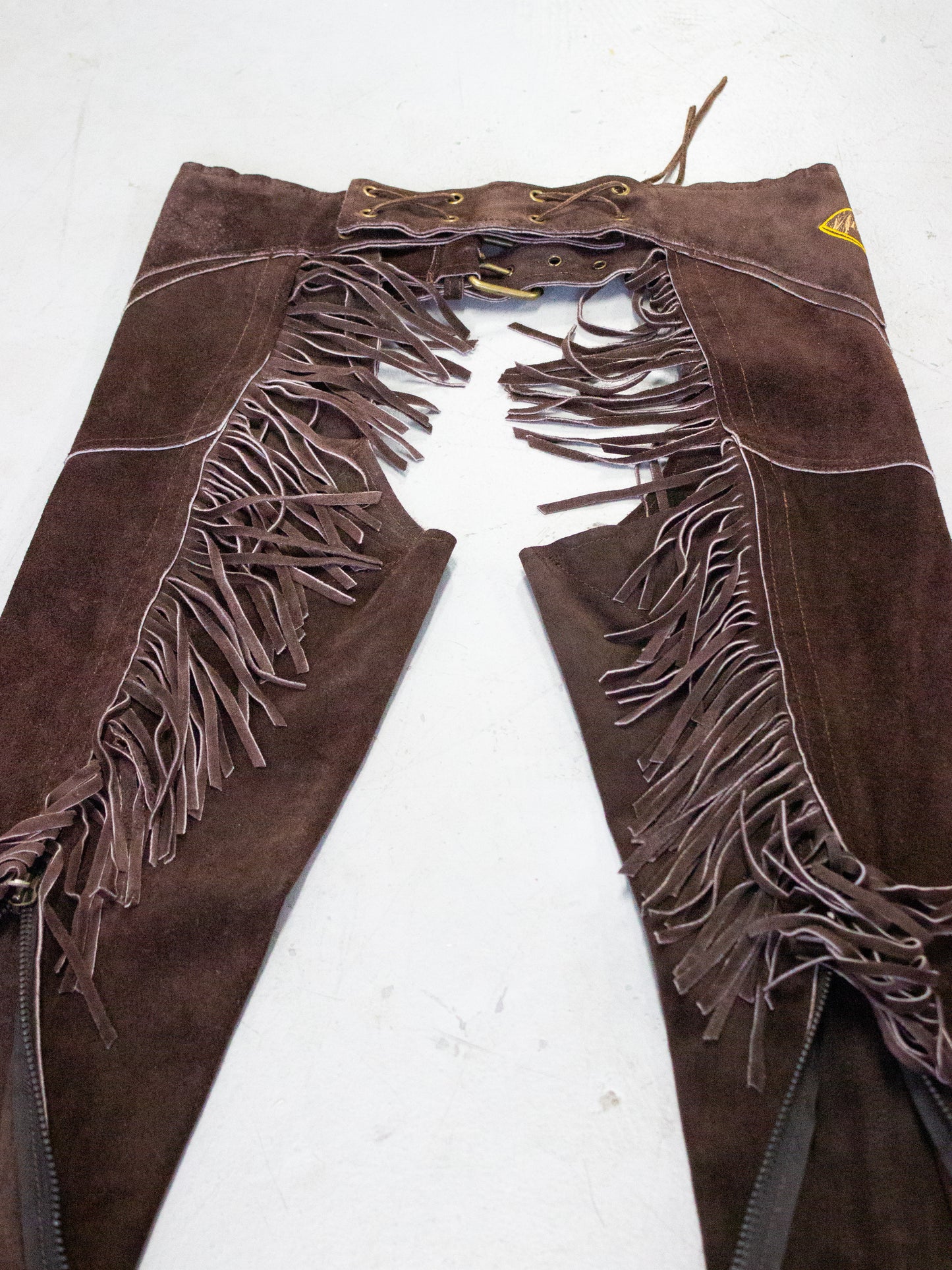 Vintage Brown Suede Fringe Western Chaps with Horse Embroidery (Small to XS)