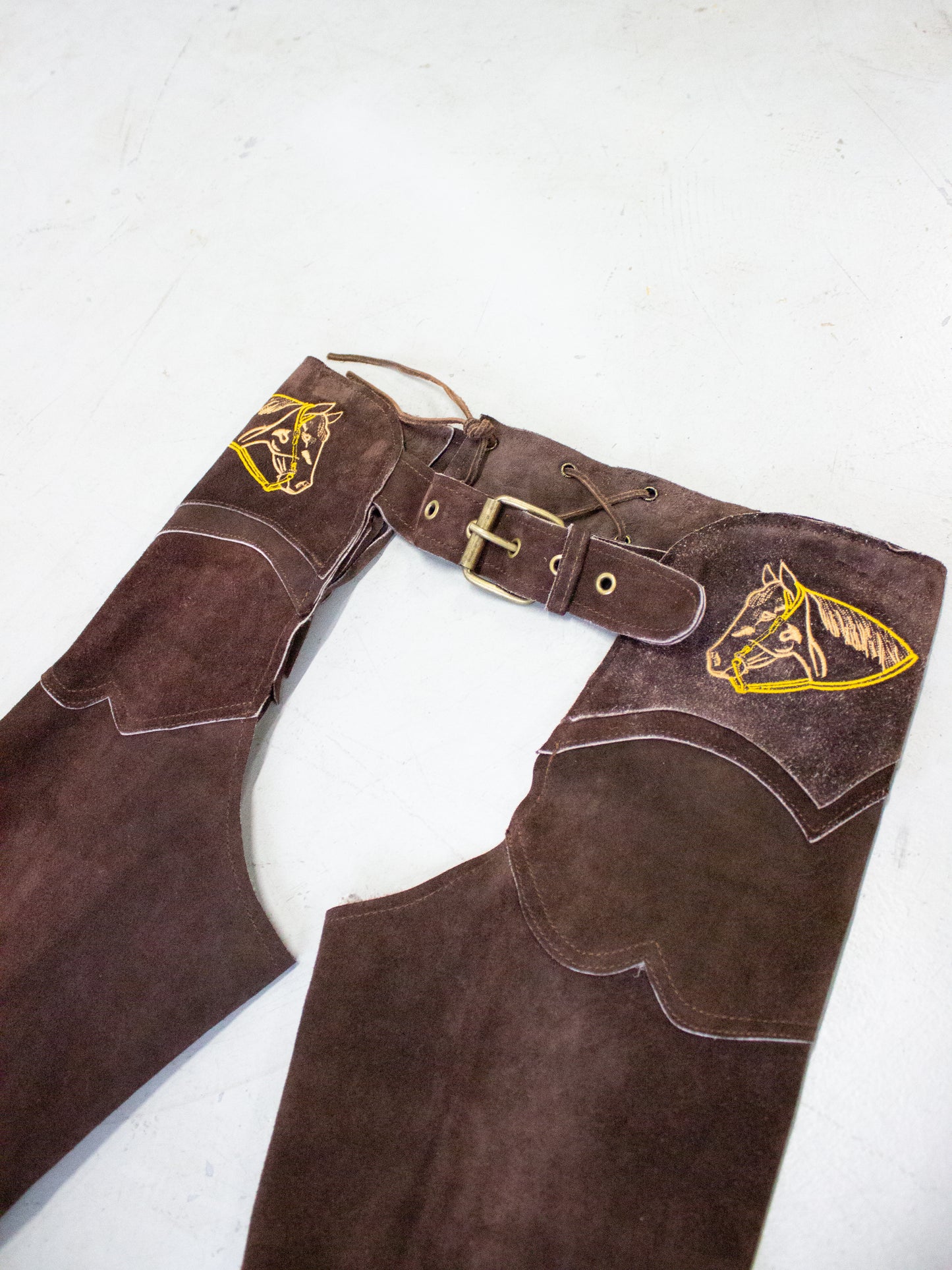 Vintage Brown Suede Fringe Western Chaps with Horse Embroidery (Small to XS)