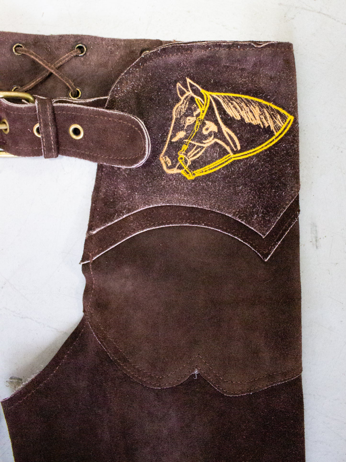 Vintage Brown Suede Fringe Western Chaps with Horse Embroidery (Small to XS)