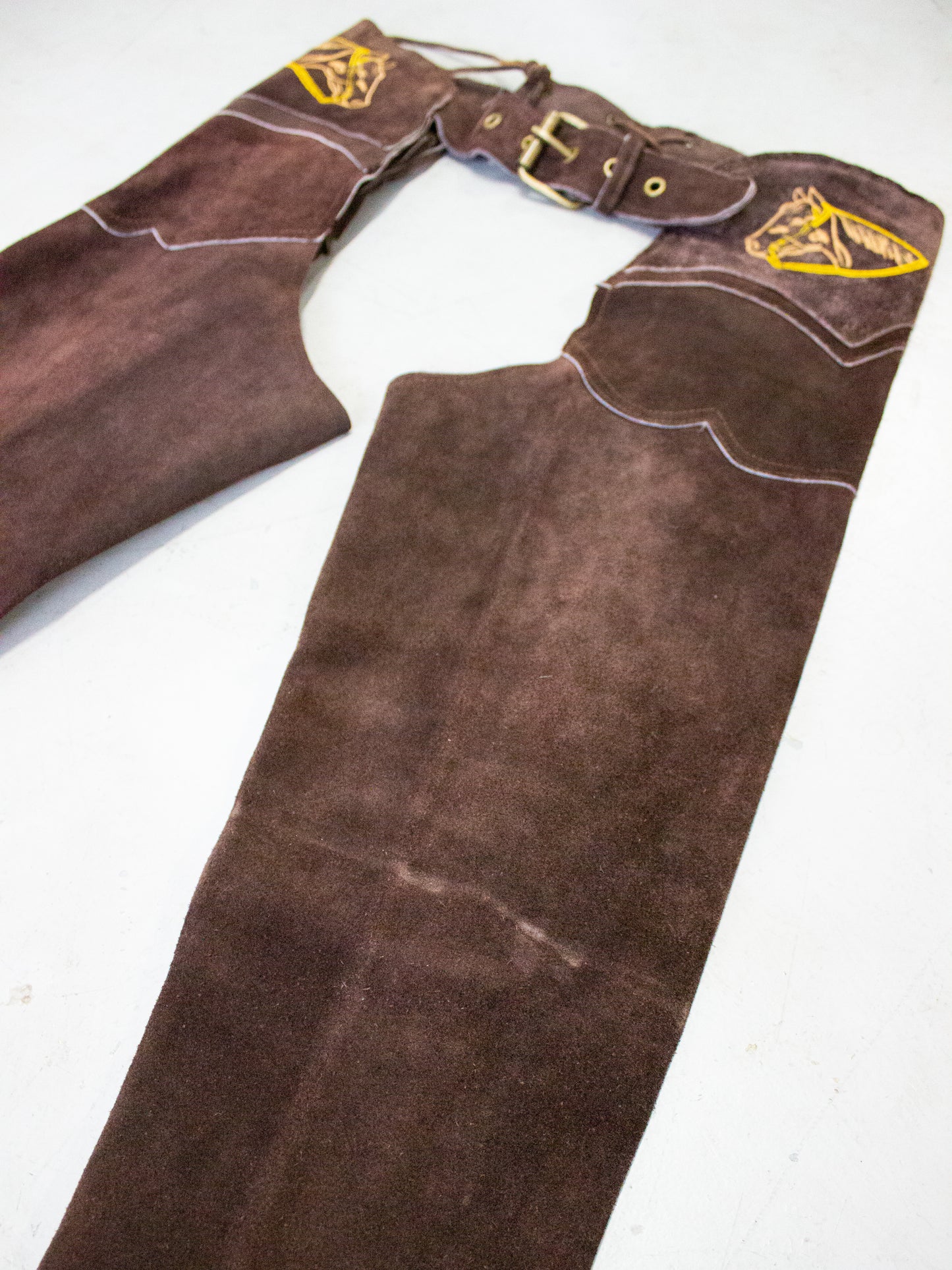 Vintage Brown Suede Fringe Western Chaps with Horse Embroidery (Small to XS)