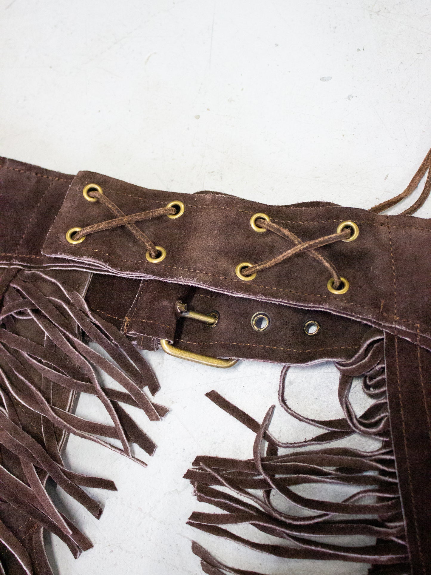 Vintage Brown Suede Fringe Western Chaps with Horse Embroidery (Small to XS)