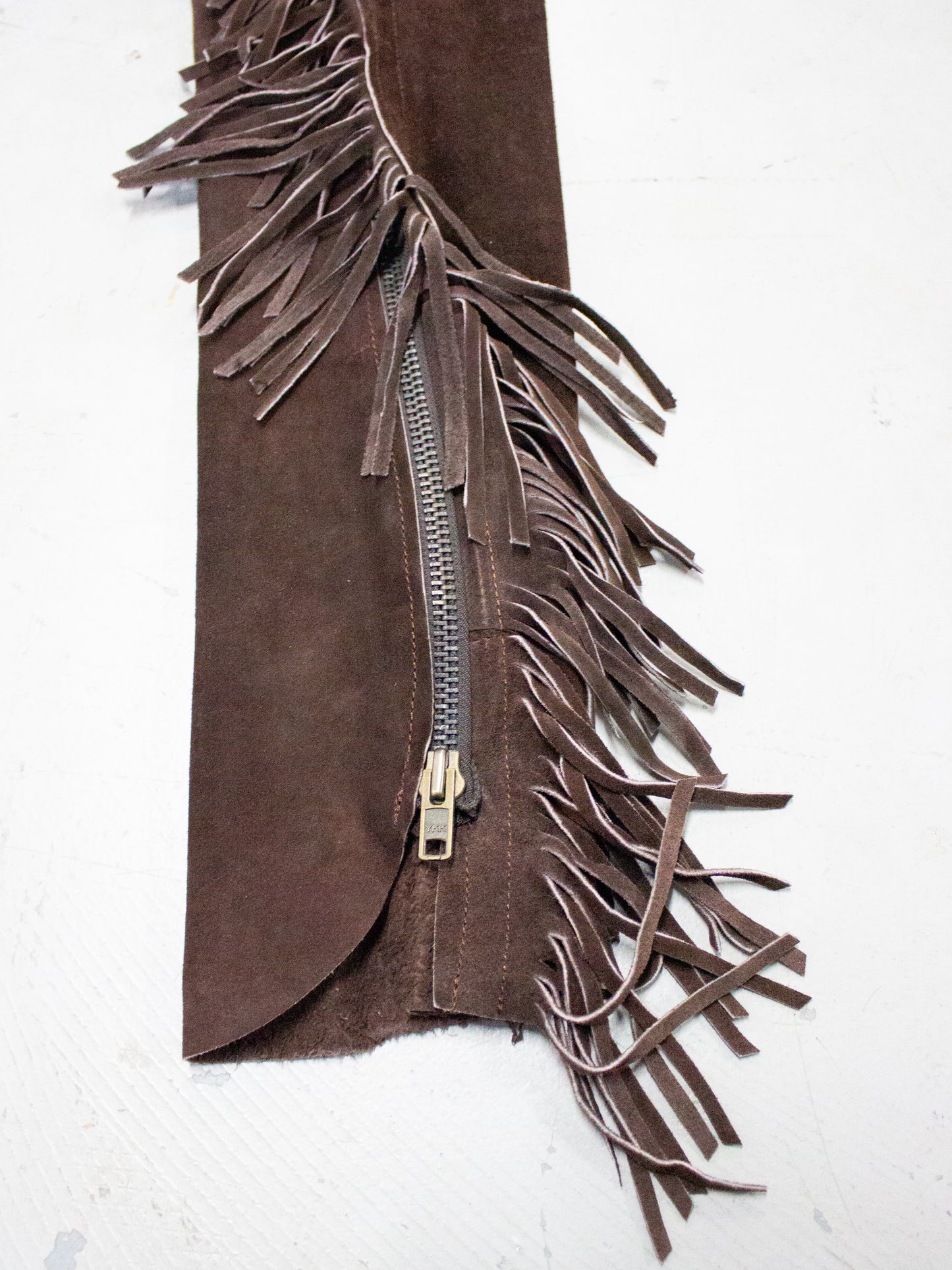 Vintage Brown Suede Fringe Western Chaps with Horse Embroidery (Small to XS)