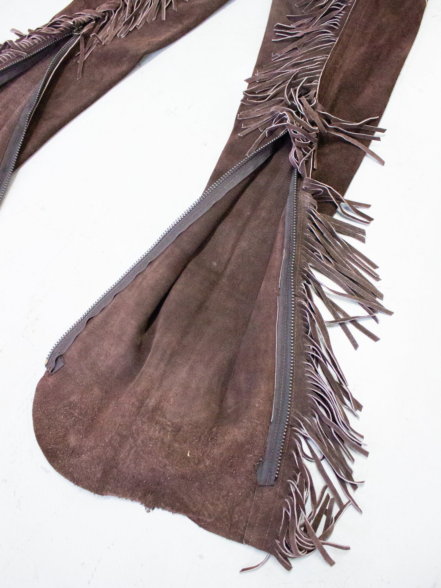 Vintage Brown Suede Fringe Western Chaps with Horse Embroidery (Small to XS)