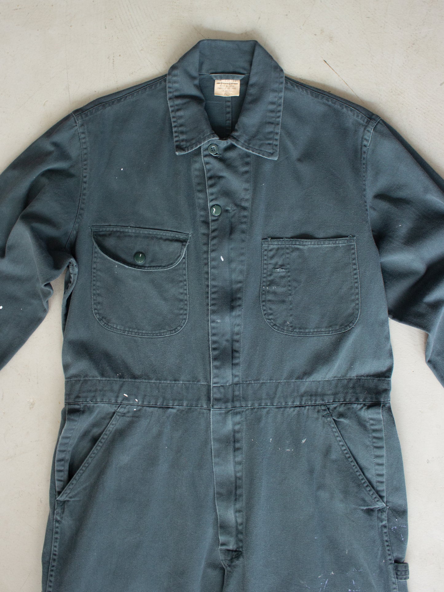 Vintage ETA Green Cotton Coveralls with Paint Splatters (Medium-Large)
