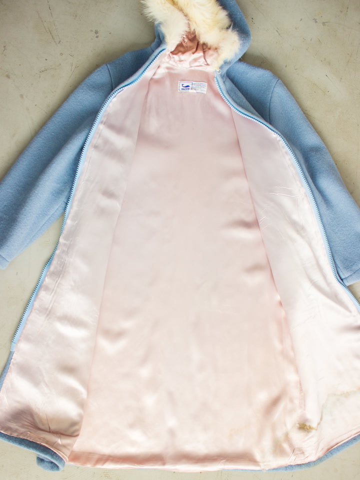 Vintage Inuvik Baby Blue Wool Winter Parka with Fox Fur Hood Made in Canadian Arctic (Size Large)