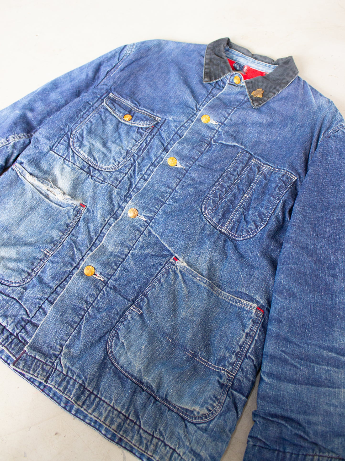 Vintage Quilted Lined Chore Denim Jacket With Harley Davidson Pin Medium