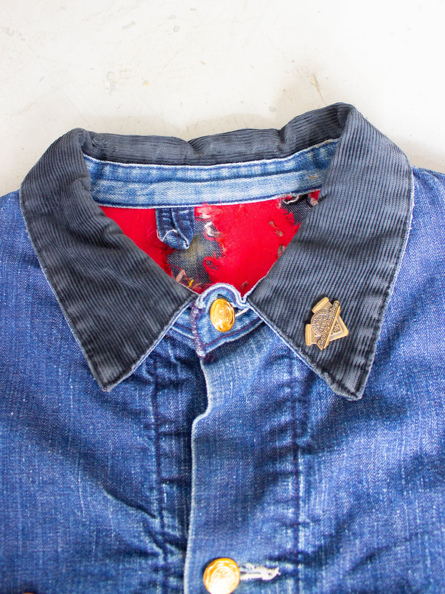 Vintage Quilted Lined Chore Denim Jacket With Harley Davidson Pin Medium