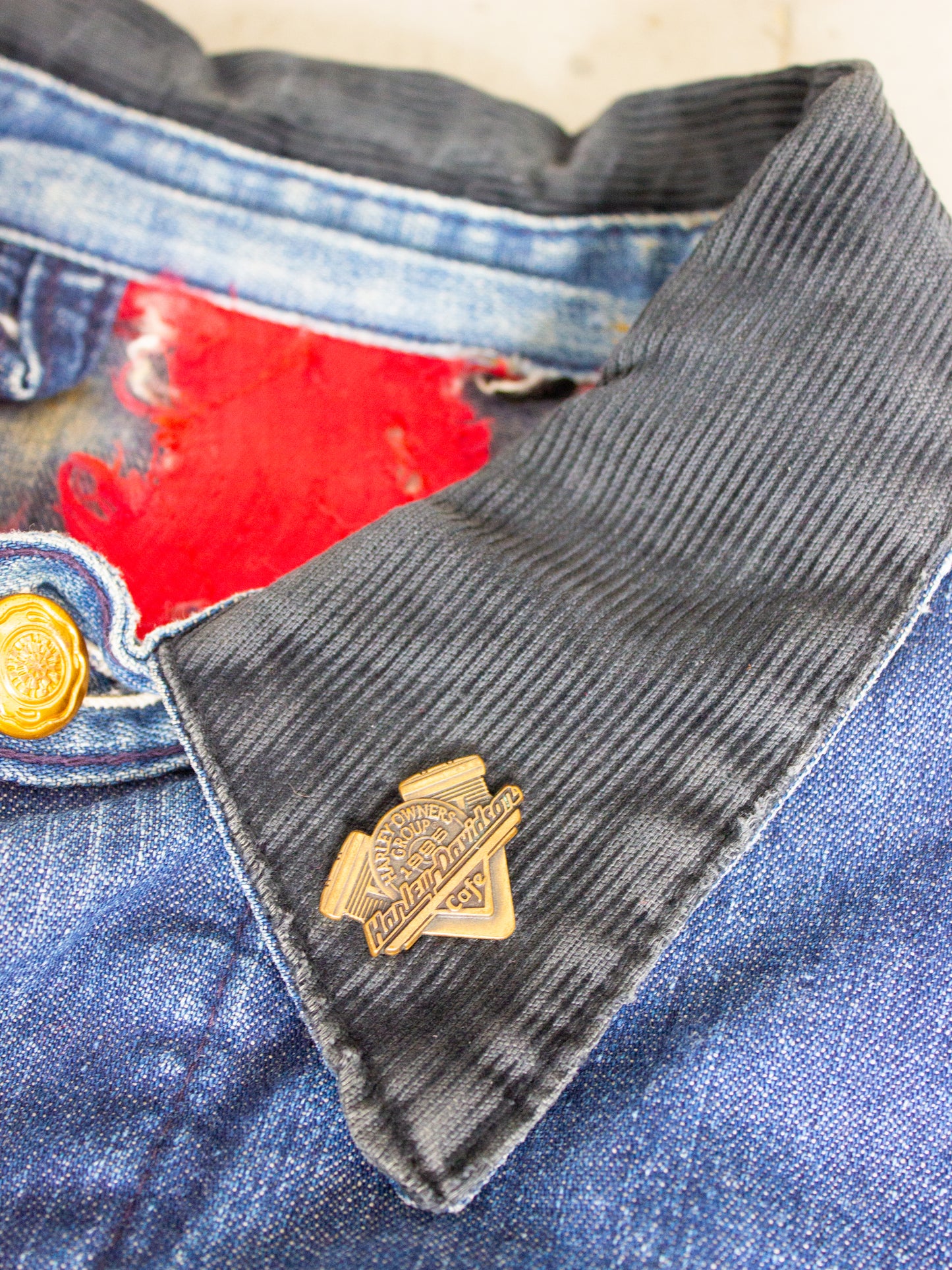 Vintage Quilted Lined Chore Denim Jacket With Harley Davidson Pin Medium