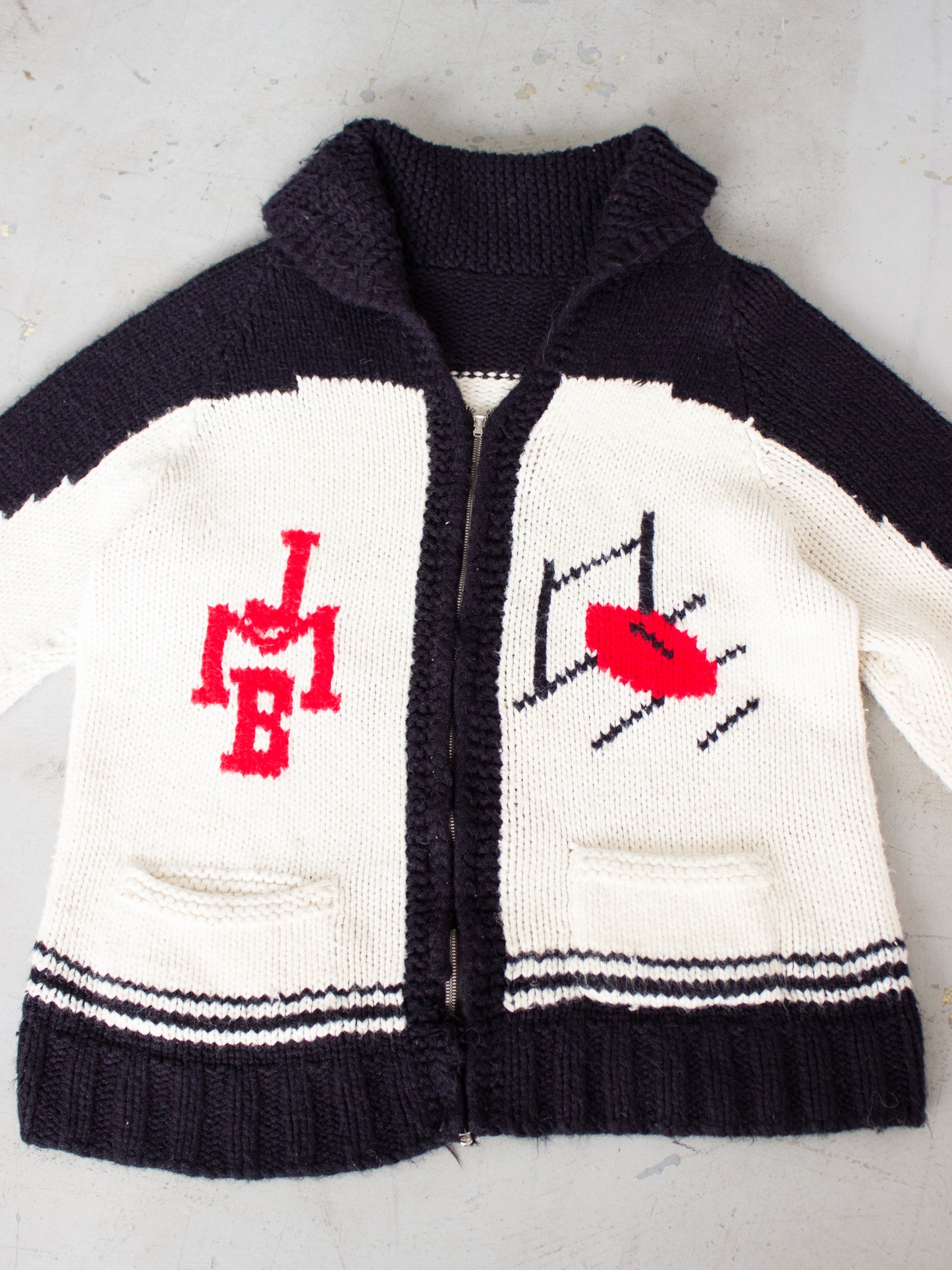 1940's - 1950's Cowichan Style JMB Football Thick Knit Wool Sweater with Crown Zipper Small Medium