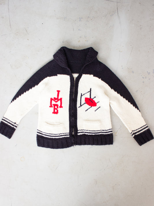 1940's - 1950's Cowichan Style JMB Football Thick Knit Wool Sweater with Crown Zipper Small Medium