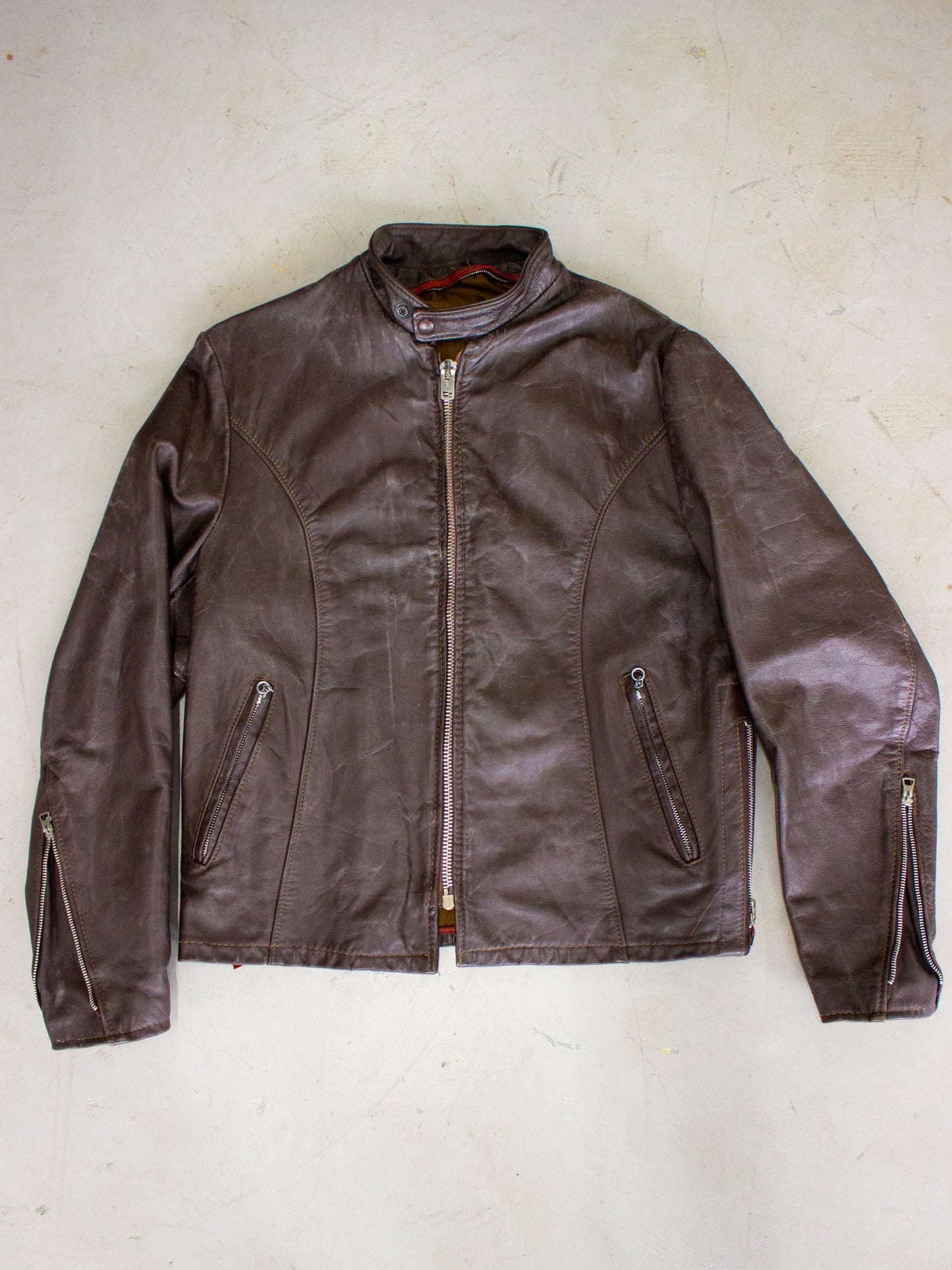 1950's- 1960's Brown Leather Cafe Racer Motorcycle Jacket Made in USA (Medium-Large)