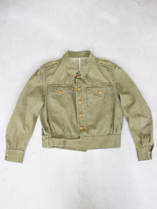 1950's British Military Royal Marines Overalls Blouse Jacket in Olive Green Cotton Label Dated 1952 (Size Medium - Large)