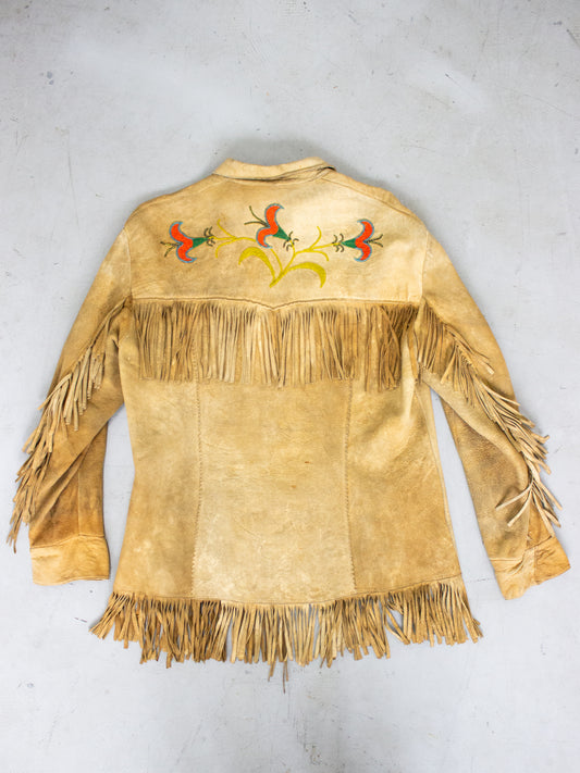 1950's Tan Buckskin Suede Fringed Native Canadian Jacket with Hand Beaded Flowers Acme Zipper (Women's Medium)