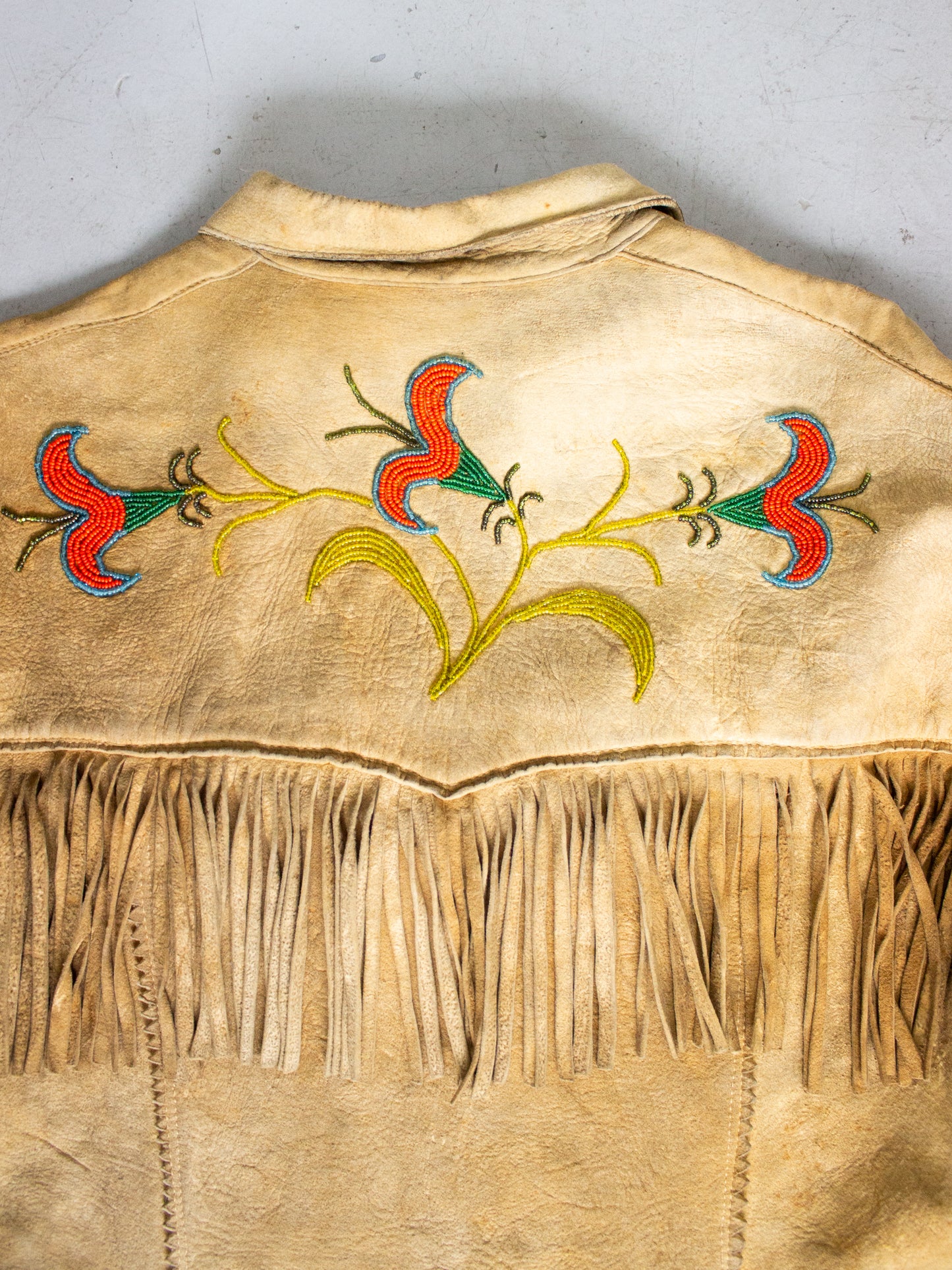 1950's Tan Buckskin Suede Fringed Native Canadian Jacket with Hand Beaded Flowers Acme Zipper (Women's Medium)