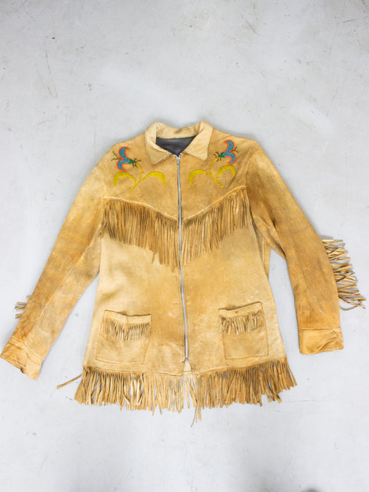 1950's Tan Buckskin Suede Fringed Native Canadian Jacket with Hand Beaded Flowers Acme Zipper (Women's Medium)