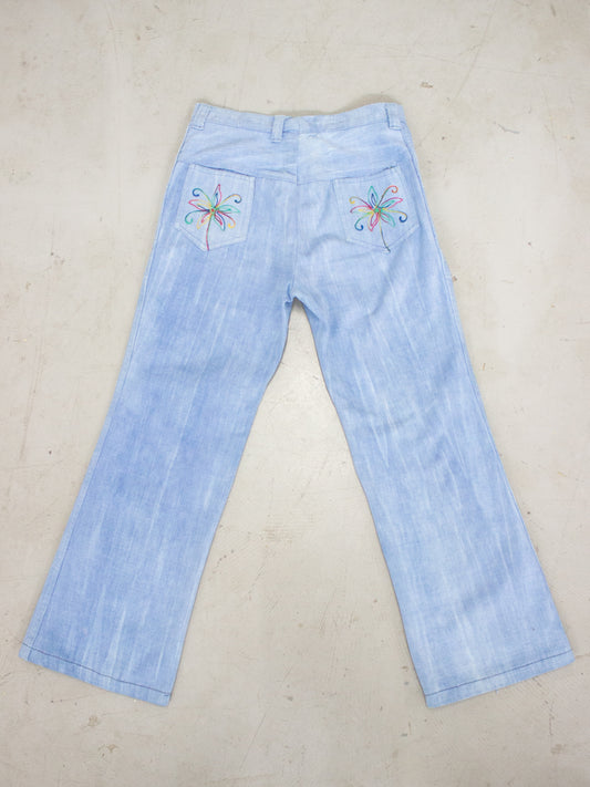 1960's - 1970's Light Wash Flared Denim Jeans with Embroidered Flowers Back Pockets (Size 26)