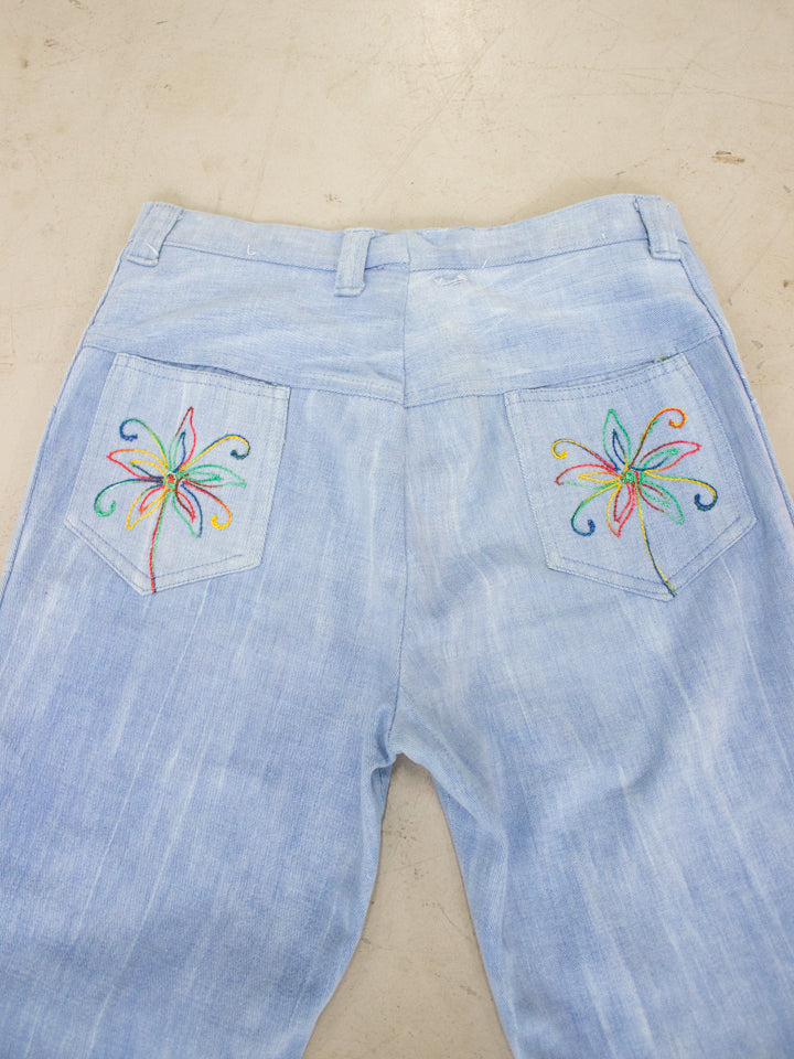 1960's - 1970's Light Wash Flared Denim Jeans with Embroidered Flowers Back Pockets (Size 26)