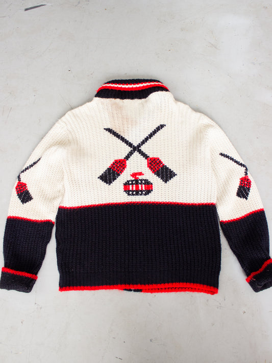 1960's 1970's Mon Tricot Curling Cowichan Style Knit Sweater Made In Canada Large