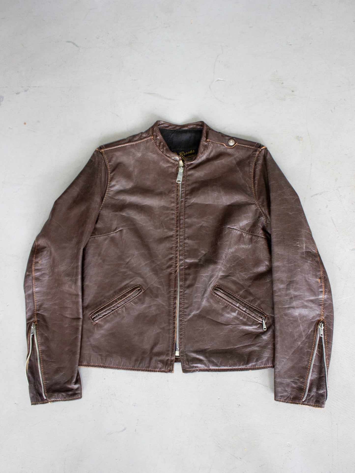 1960's Brooks Brown Leather Cafe Racer Motorcycle Jacket Made in USA Talon Zippers (Small)