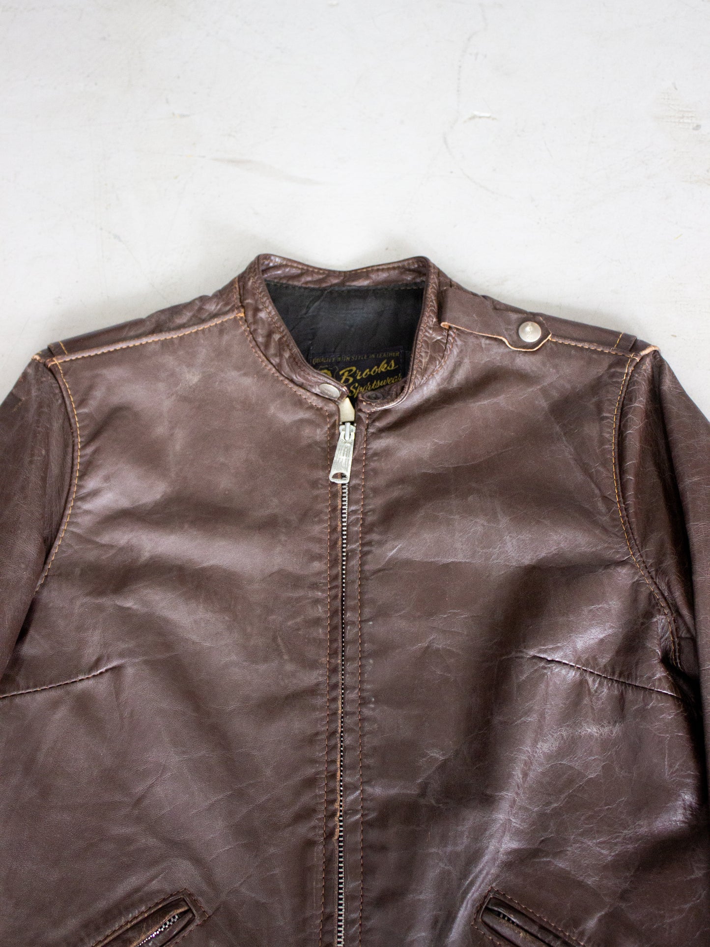 1960's Brooks Brown Leather Cafe Racer Motorcycle Jacket Made in USA Talon Zippers (Small)