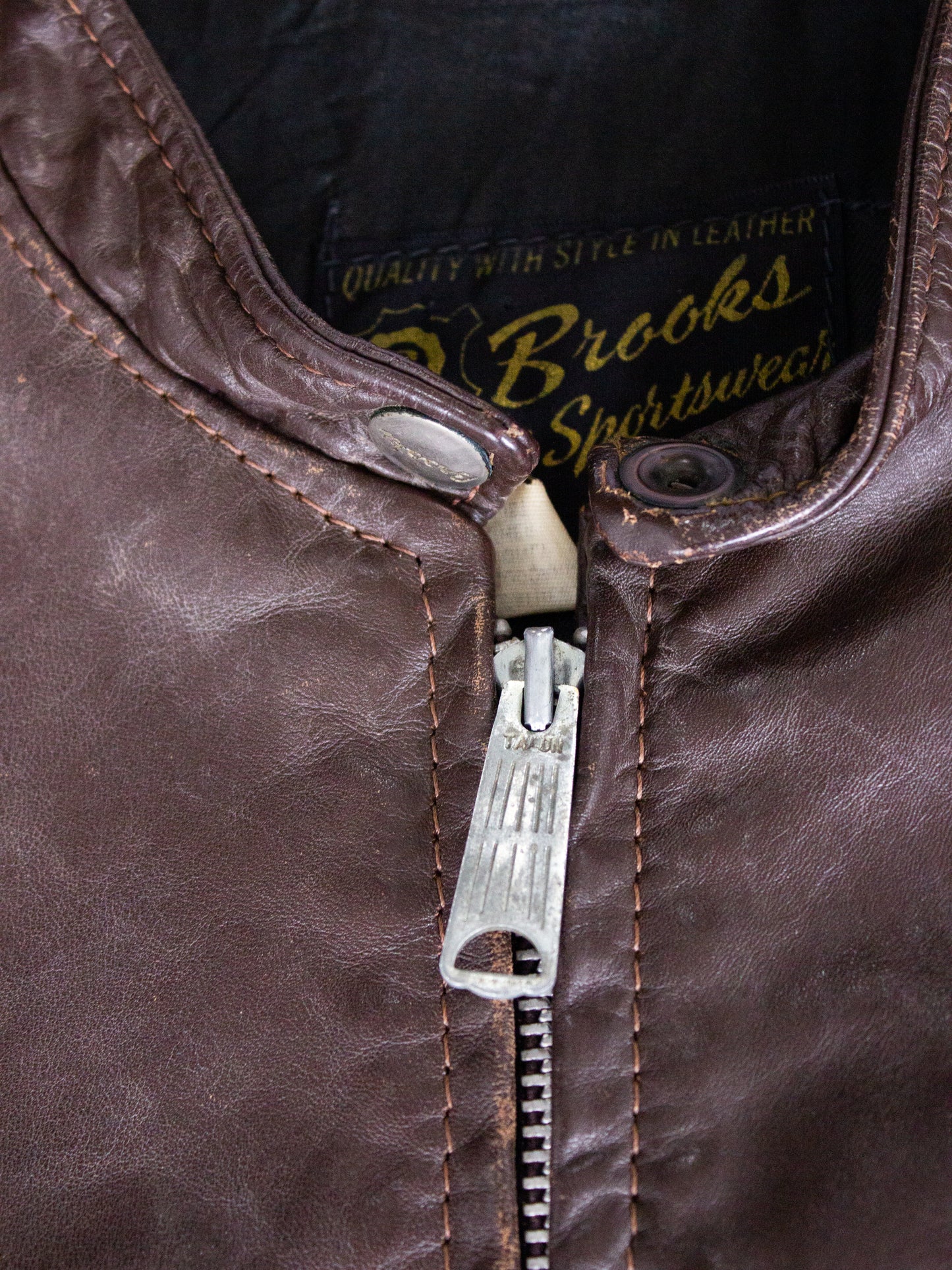 1960's Brooks Brown Leather Cafe Racer Motorcycle Jacket Made in USA Talon Zippers (Small)