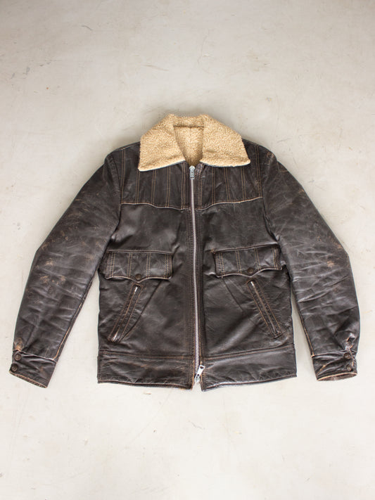 1970's Brown Leather Jacket with Sherpa Lining (Medium-Large)