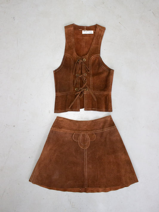 1970's Brown Suede Leather Vest + Skirt Set by Bagatelle Made in Canada (Small)