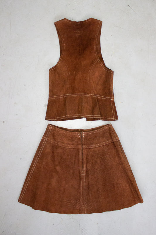 1970's Brown Suede Leather Vest + Skirt Set by Bagatelle Made in Canada (Small)