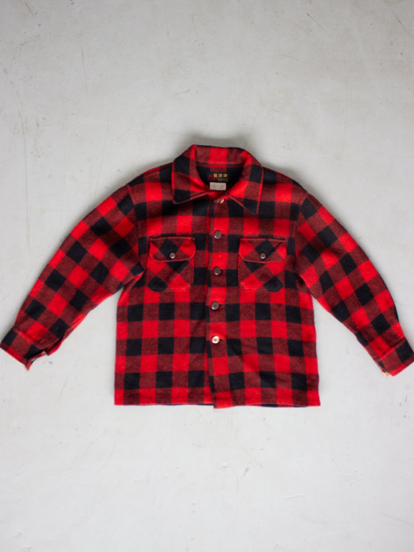 1970's Cockatoo Red Buffalo Plaid Wool Flannel (Small-Medium)