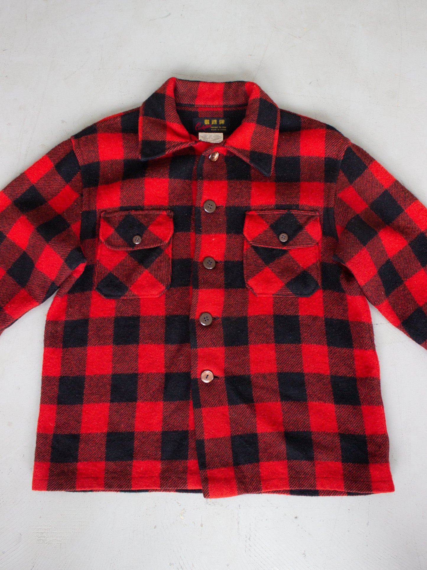 1970's Cockatoo Red Buffalo Plaid Wool Flannel (Small-Medium)