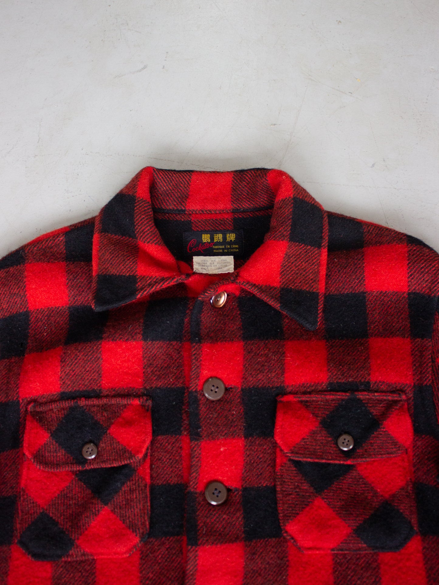 1970's Cockatoo Red Buffalo Plaid Wool Flannel (Small-Medium)