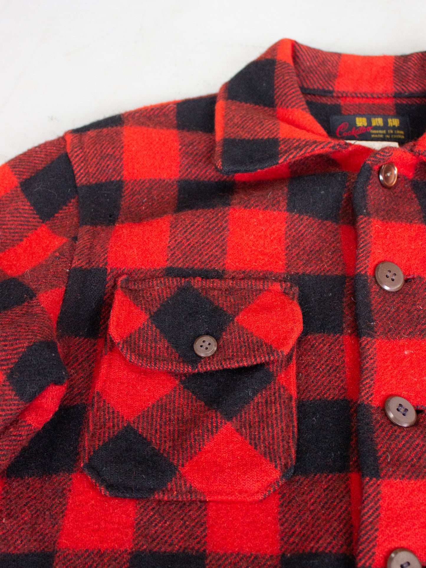 1970's Cockatoo Red Buffalo Plaid Wool Flannel (Small-Medium)