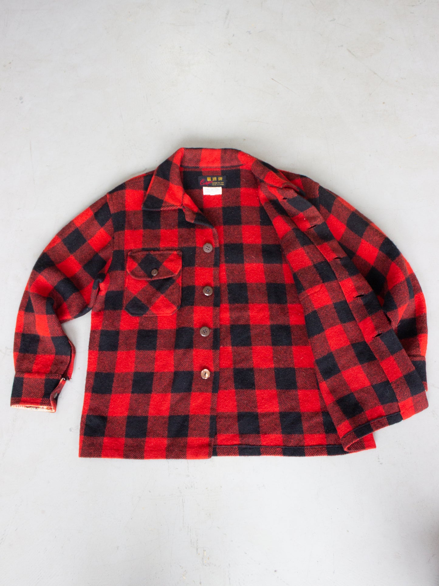 1970's Cockatoo Red Buffalo Plaid Wool Flannel (Small-Medium)