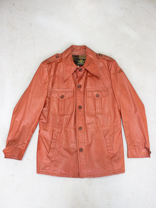 1970's Famous Leather Garments Rust Leather Jacket with Flannel Wool Lining Made in Canada (Size Medium Large)