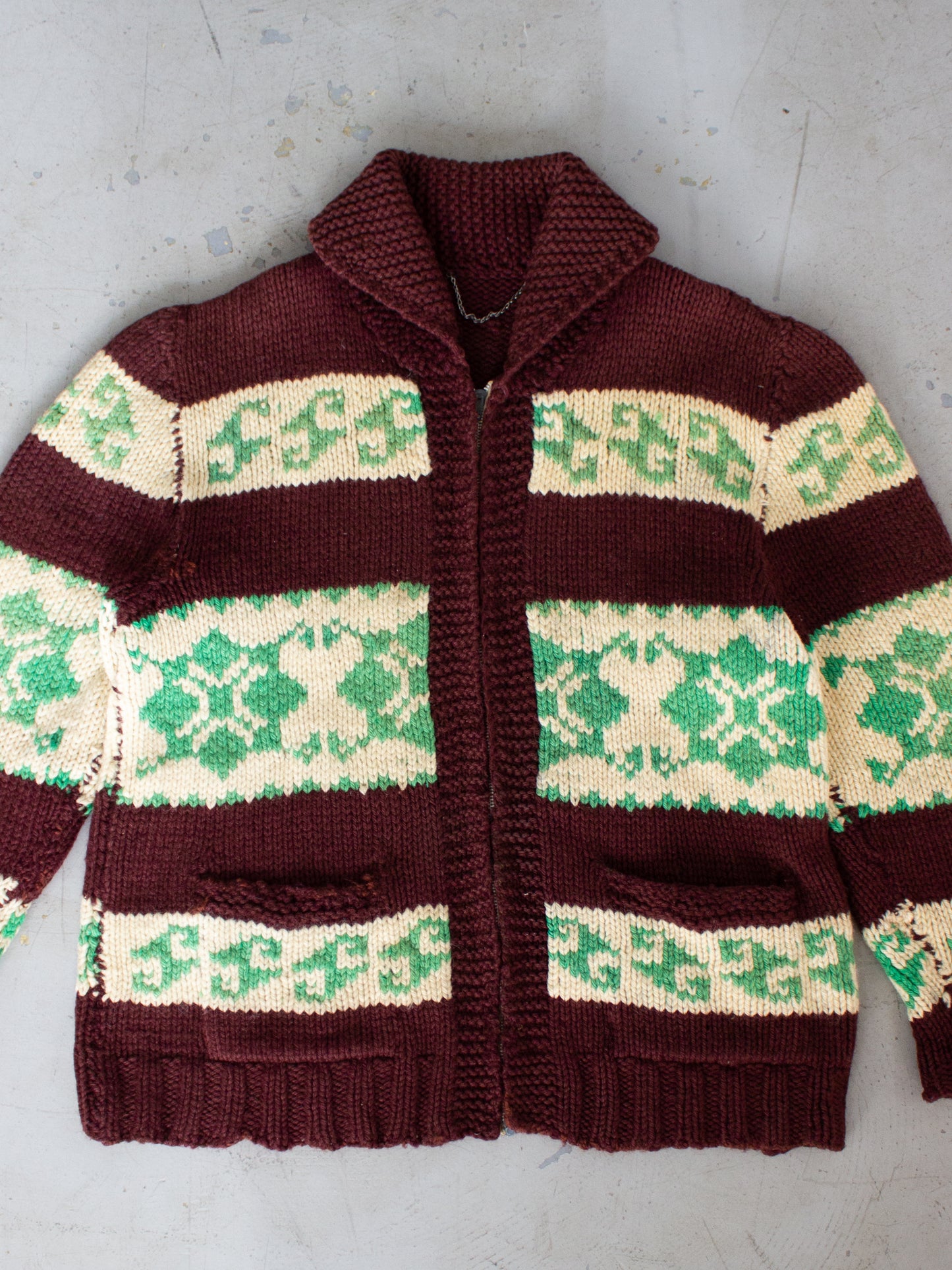 1970's Green & Brown Cowichan Style Wool Knit Sweater with Lion Zipper Large