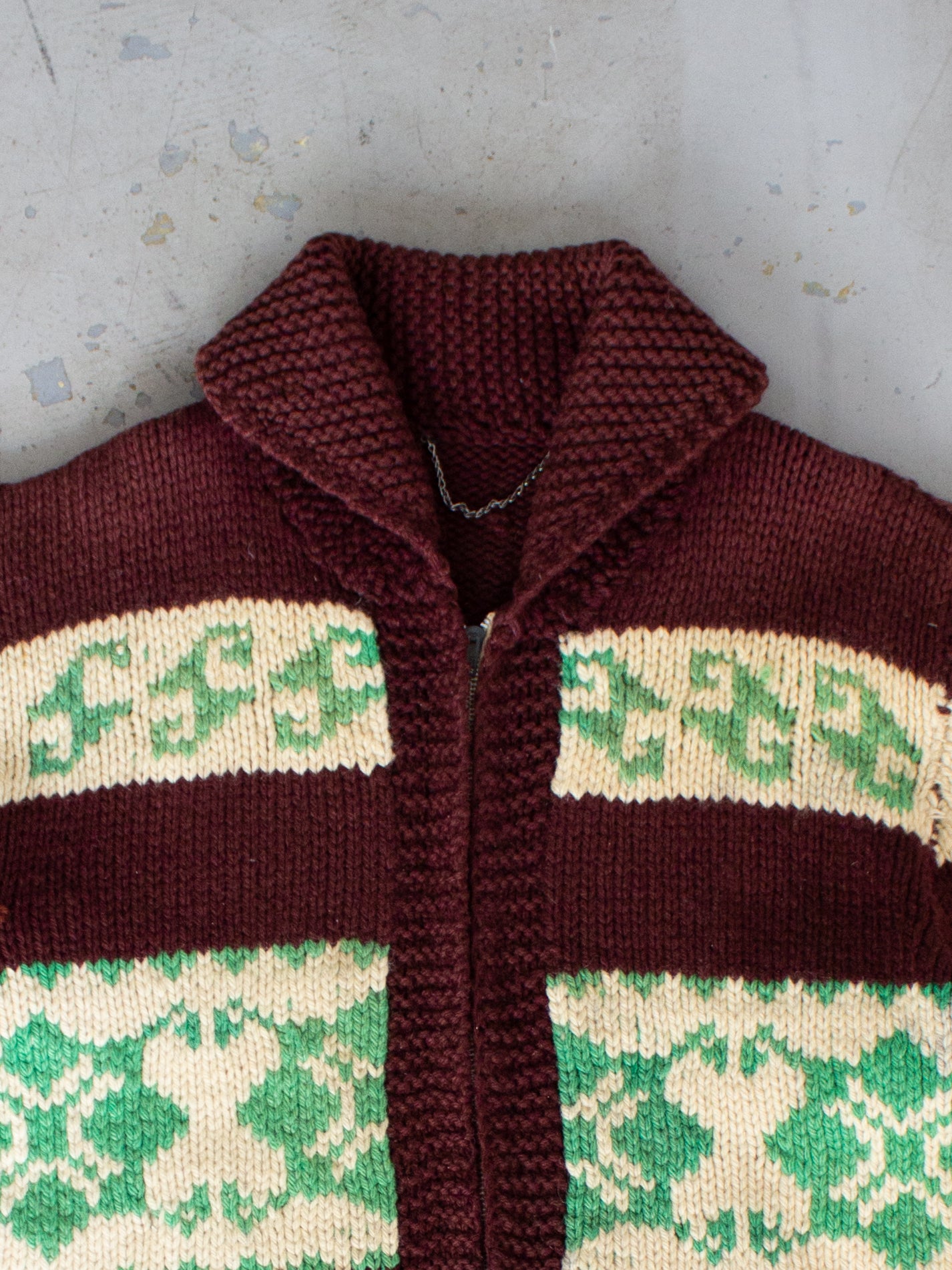 1970's Green & Brown Cowichan Style Wool Knit Sweater with Lion Zipper Large