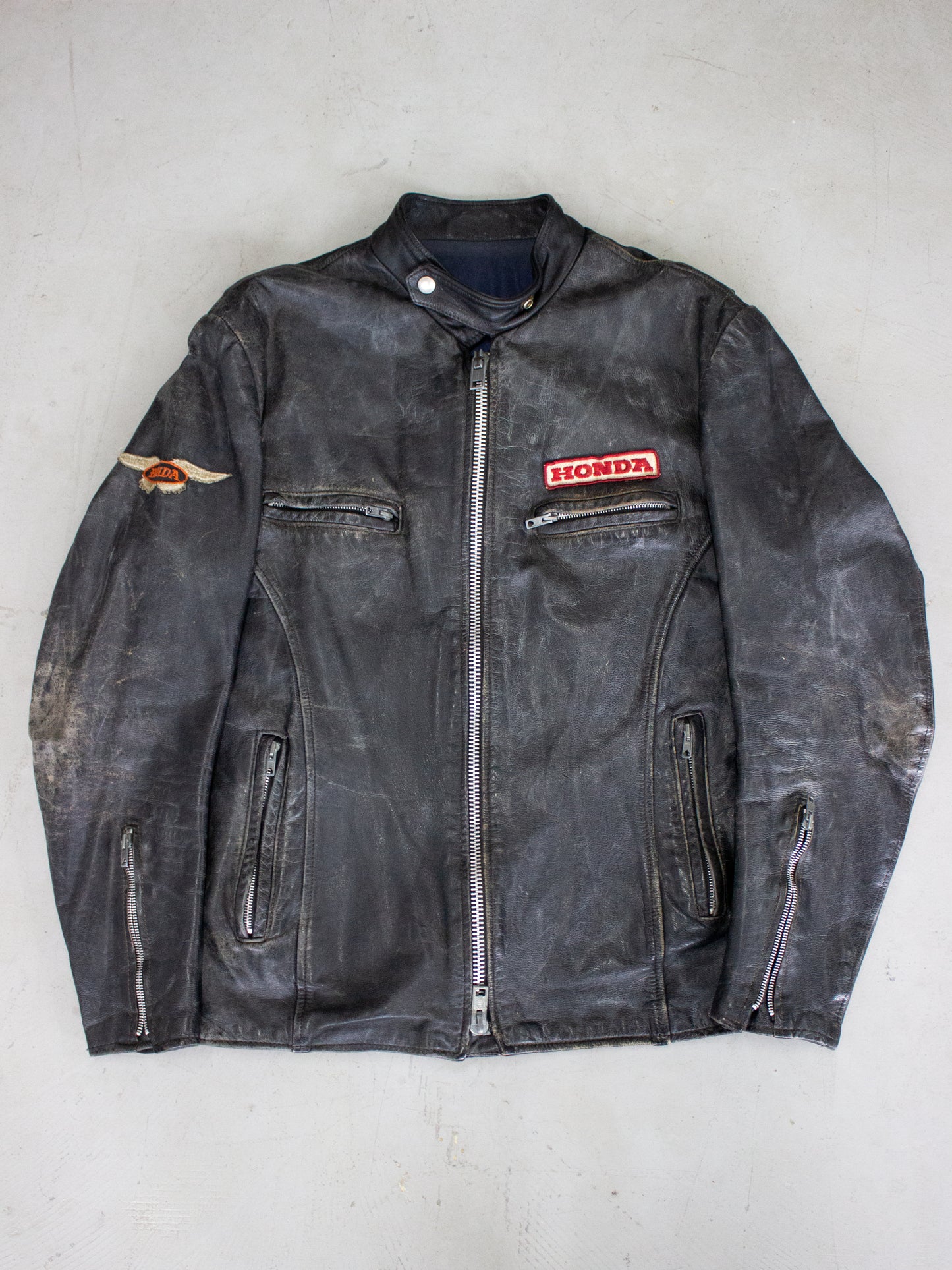 1970's Honda Black Leather Cafe Racer Motorcycle Jacket (Medium)