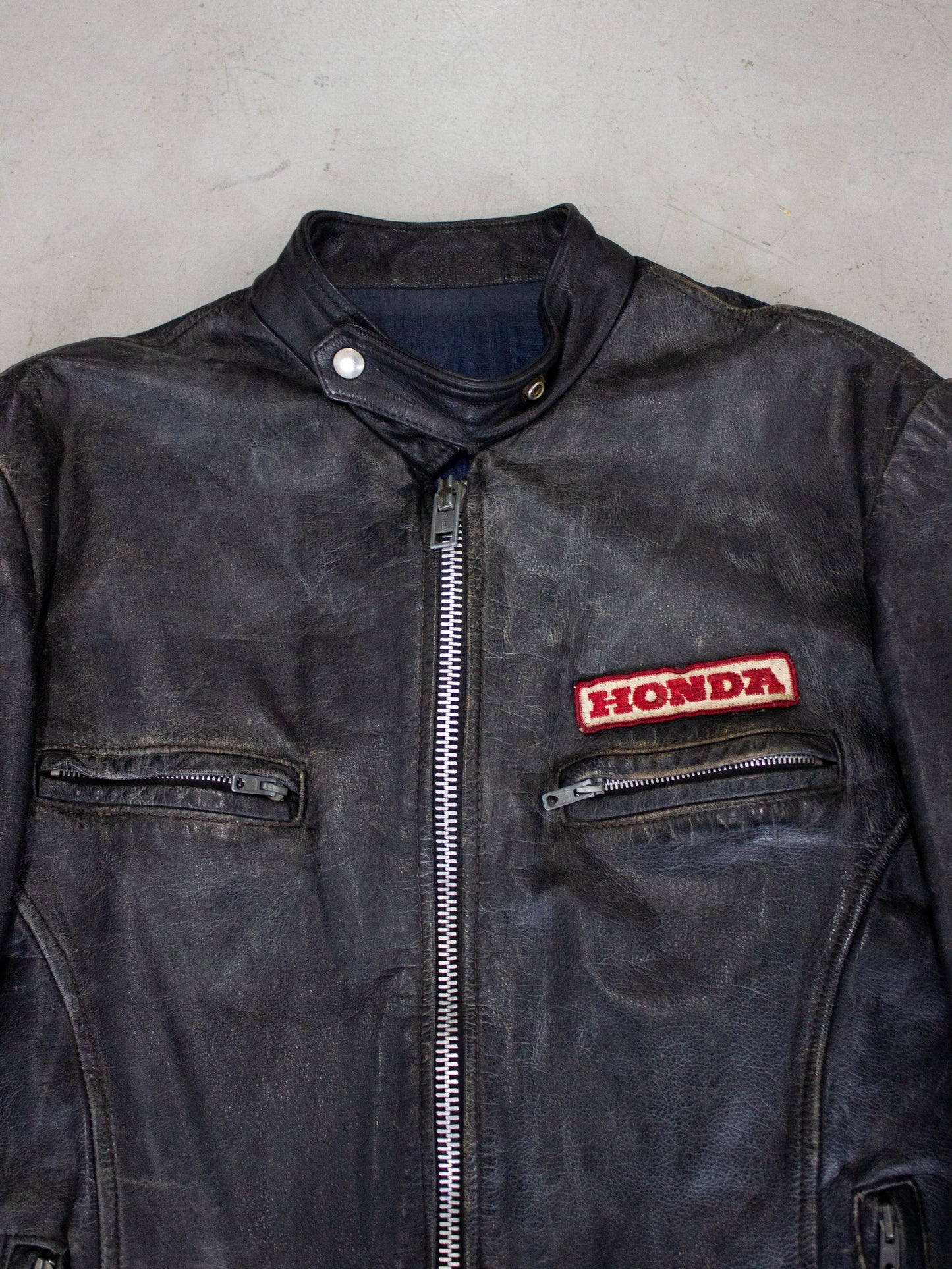 1970's Honda Black Leather Cafe Racer Motorcycle Jacket (Medium)