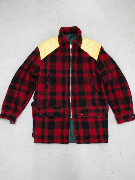1970's Reversible Green Cotton and Red Buffalo Wool Flannel Jacket with Lightning Zipper Made in Canada (Size Small - Medium )
