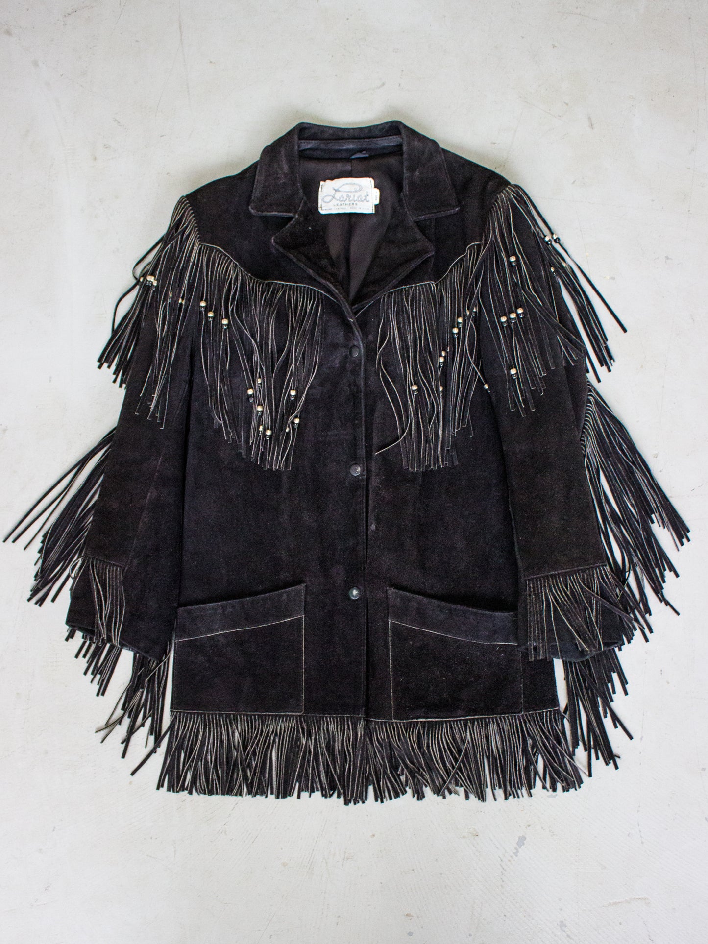 1970's Lariat Western Black Suede Fringe Jacket Made in USA (Men's Medium)