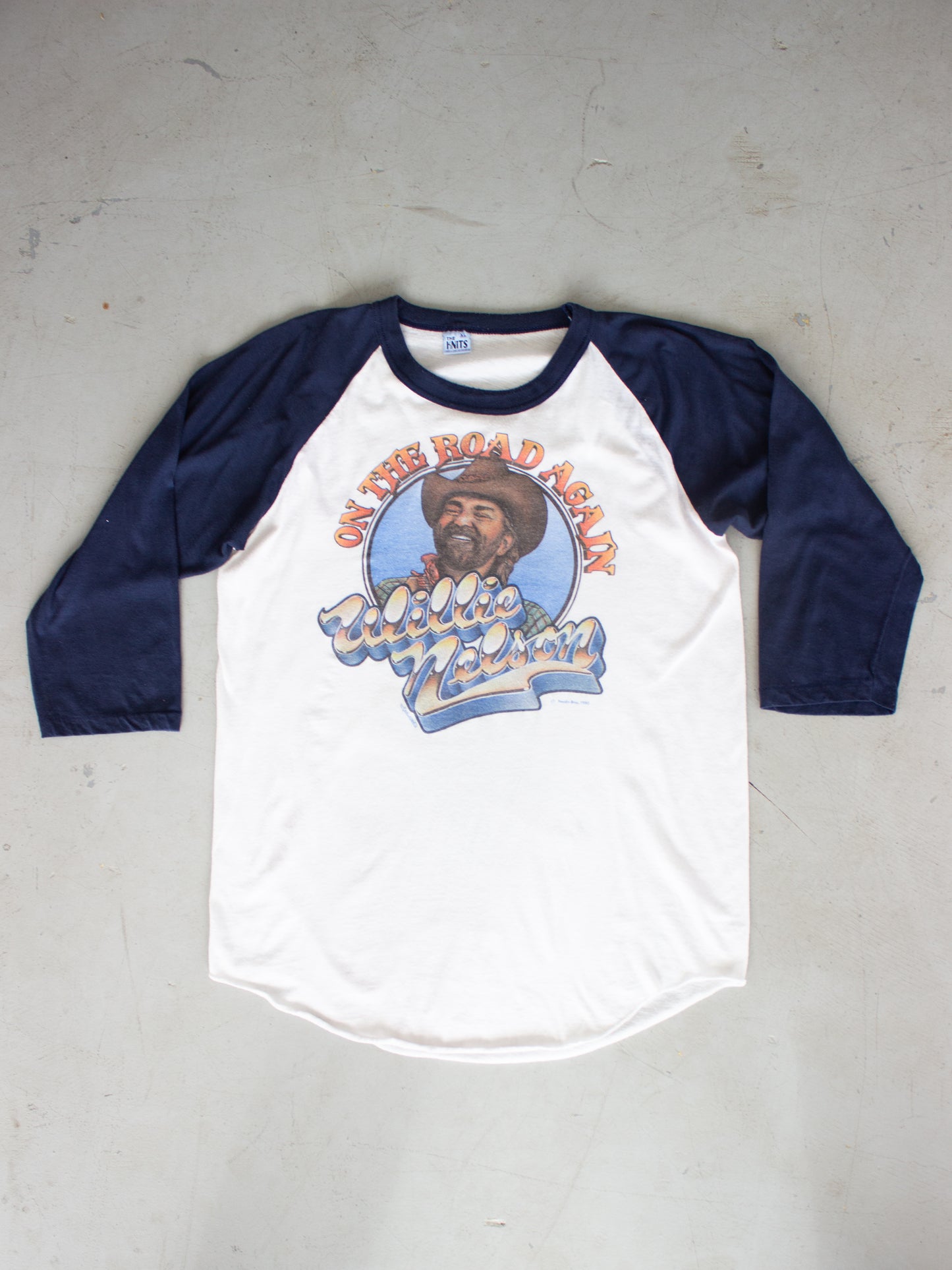 1980 Willie Nelson 'On The Road Again' White and Navy Raglan T-Shirt (Medium Large)