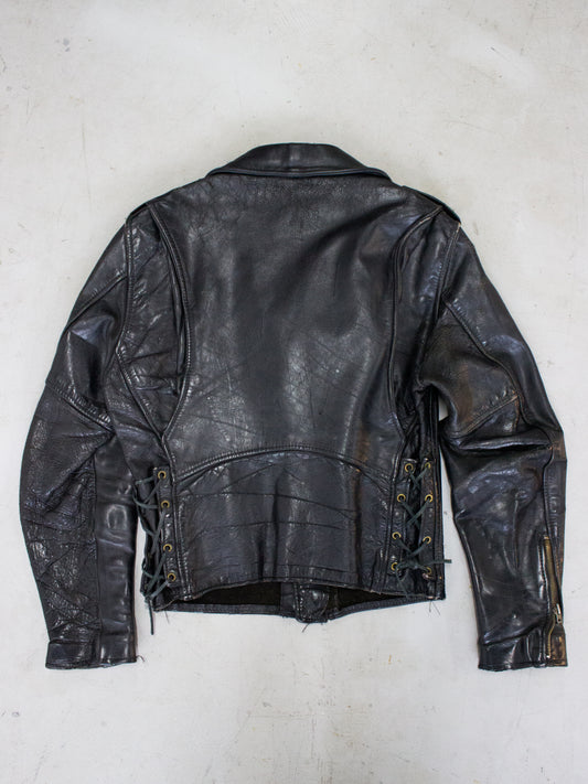 1980's Branded of Queens W-Style Black Cowhide Moto Jacket Made in New York USA (Men's Medium)