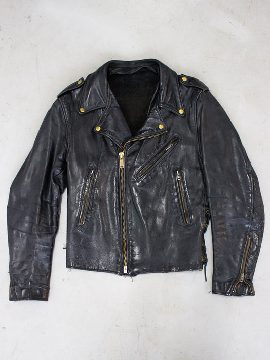 1980's Branded of Queens W-Style Black Cowhide Moto Jacket Made in New York USA (Men's Medium)