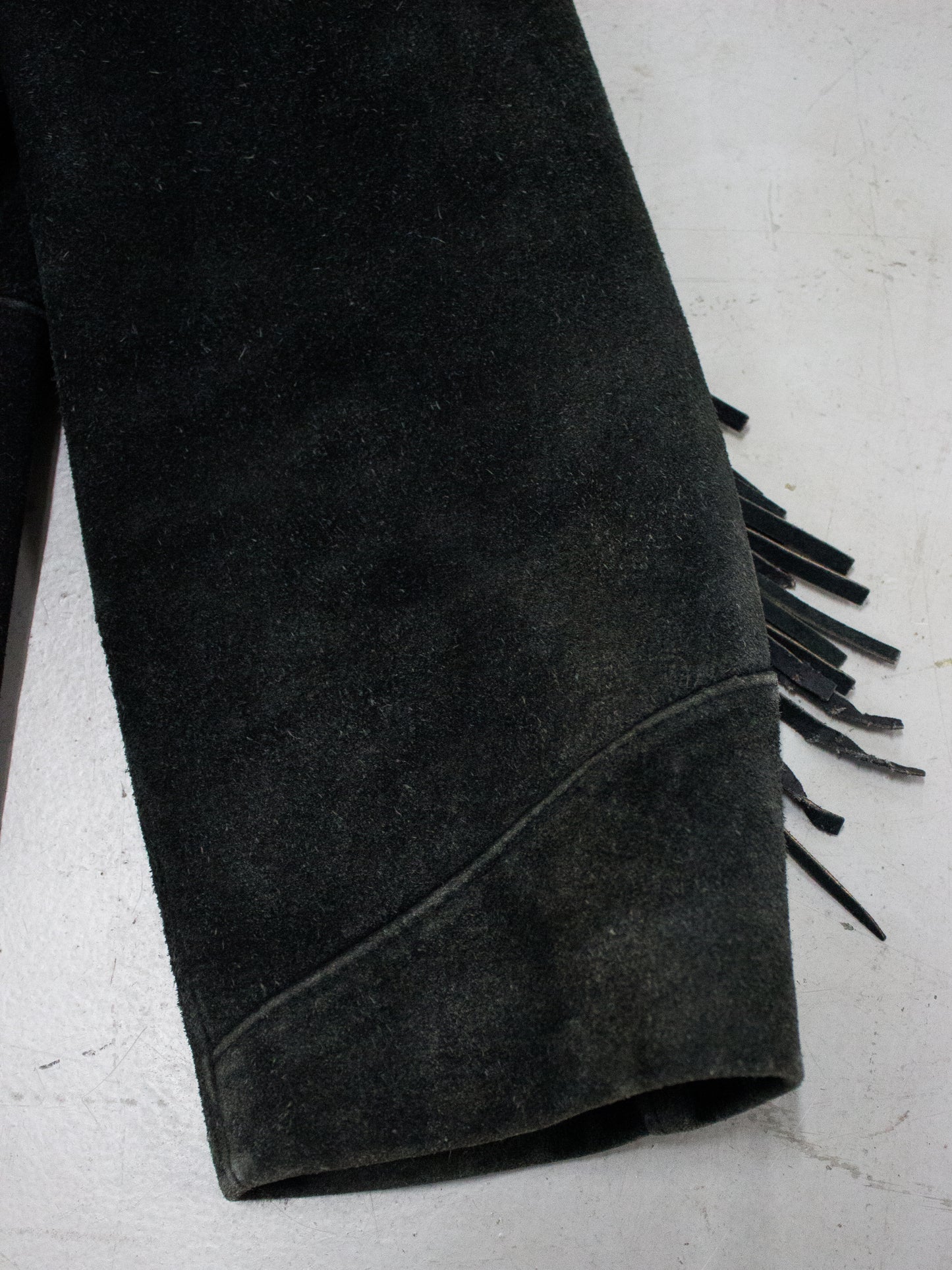 1980's Pioneer Wear Black Suede Fringe Western Jacket (Men's Medium)